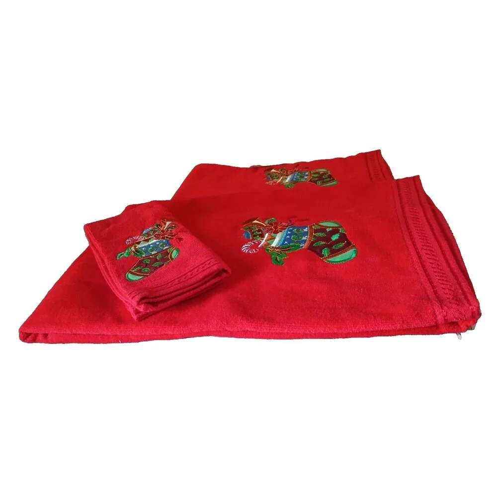 3-Piece 100% Cotton Christmas Towel set Embroidered Design Large Bath Towel Red